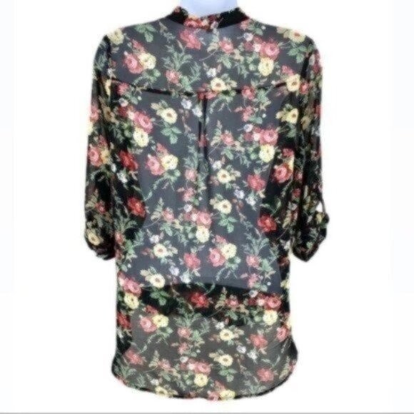 Black Floral Blouse with Adjustable Sleeves - Picture 2 of 3